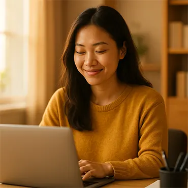 Nhân viên trẻ Việt Nam mỉm cười điềm tĩnh khi làm việc trên laptop trong văn phòng sáng sớm