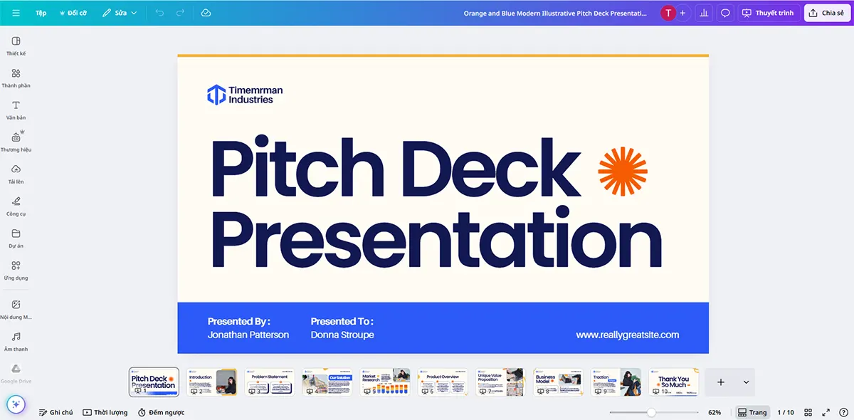 Pitch Deck 10 slide thiết kế bằng Canva cho startup