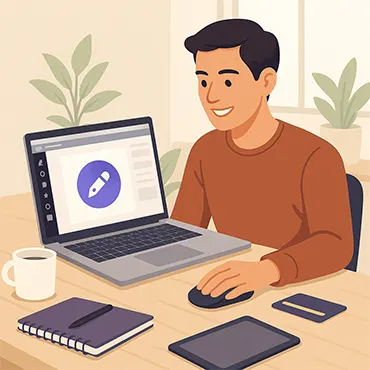 Người dùng đang làm việc tại bàn sáng sủa với laptop mở phần mềm thiết kế đồ họa nền web