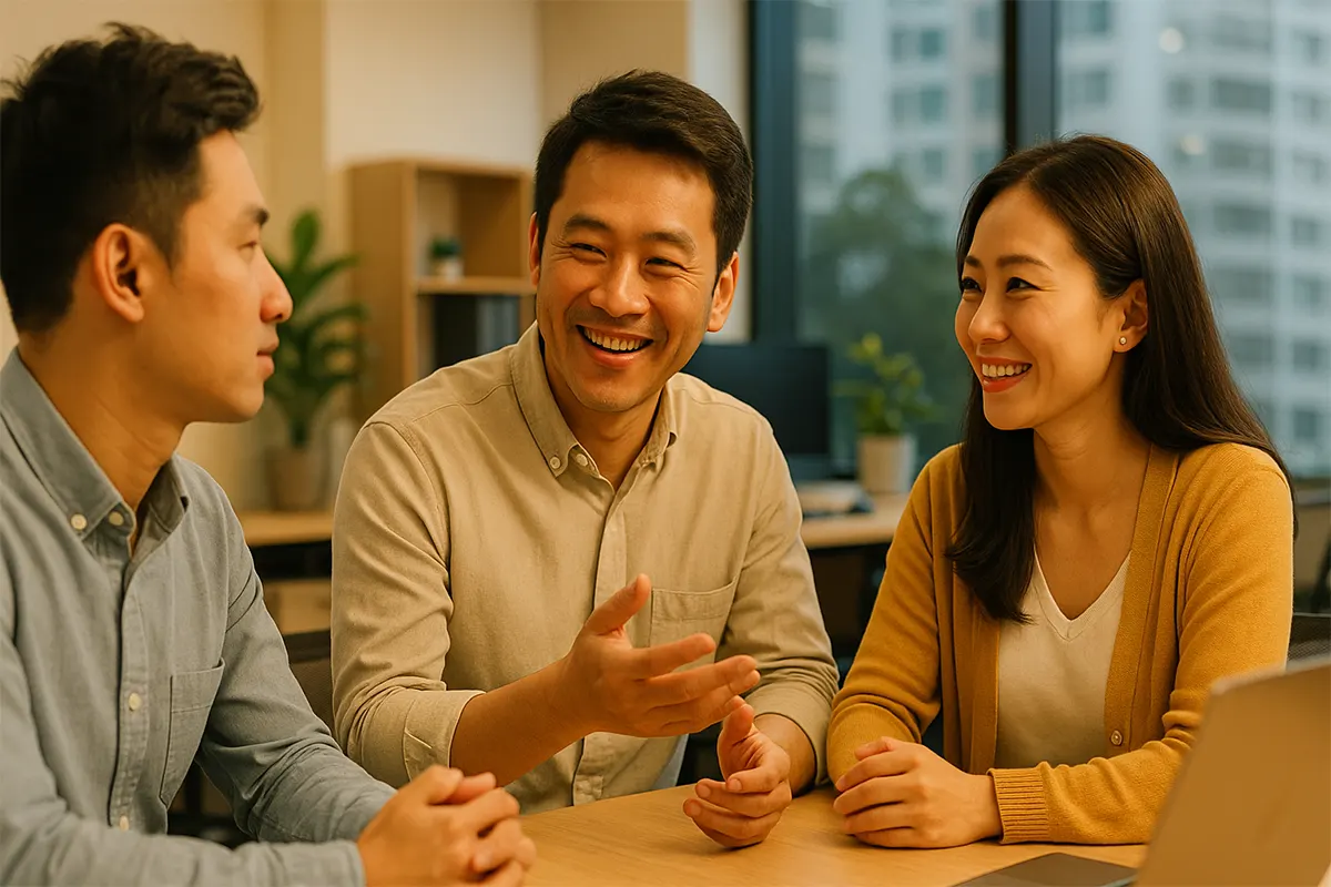 Đồng nghiệp Việt trò chuyện ấm áp, một người lắng nghe chăm chú trong văn phòng hiện đại