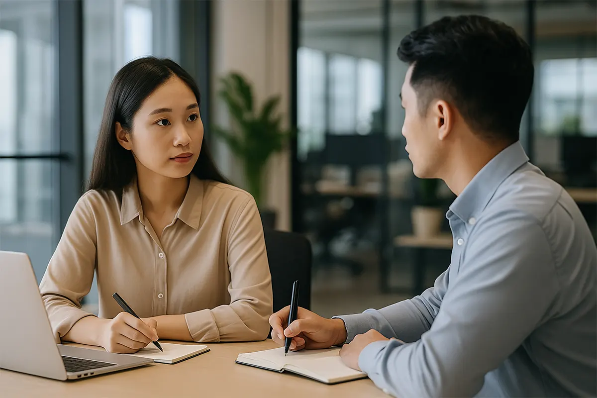 Đồng nghiệp Việt ngồi đối diện lắng nghe chăm chú, ghi chú nhẹ nhàng