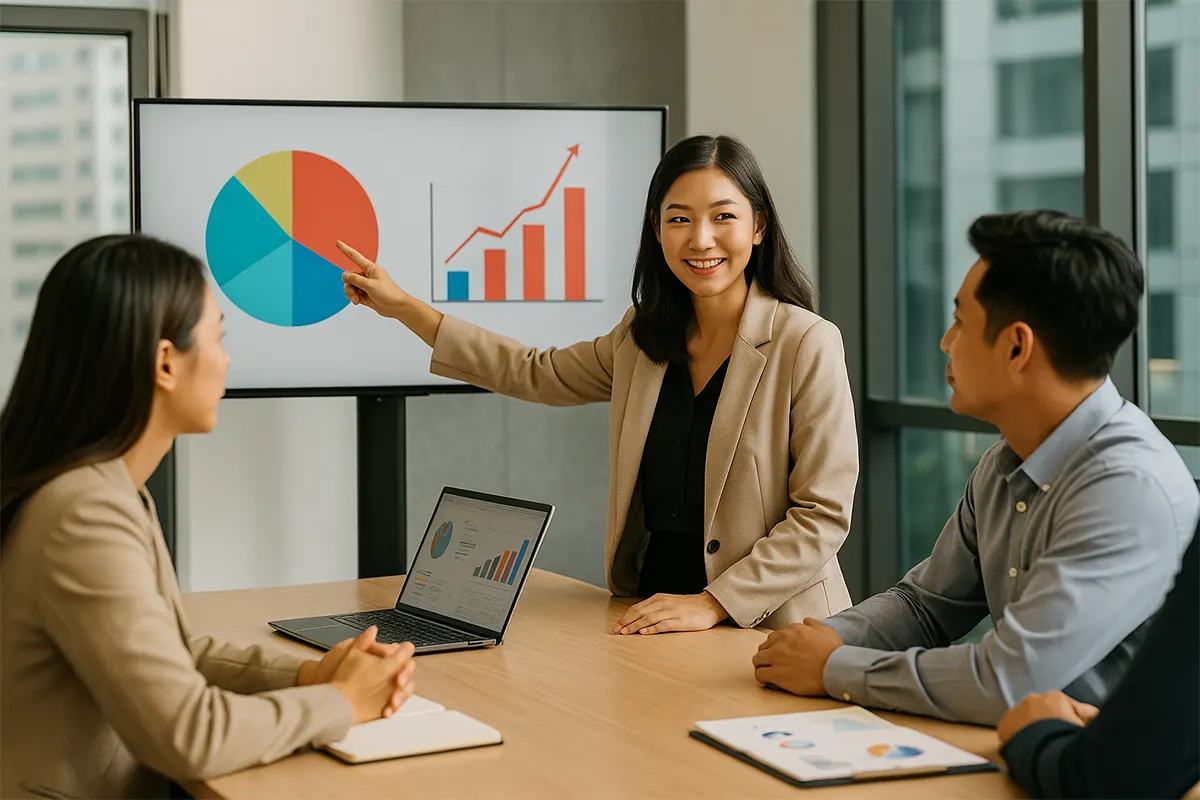 Nhóm họp chiến lược, một người chỉ vào biểu đồ thể hiện lợi ích trực tiếp