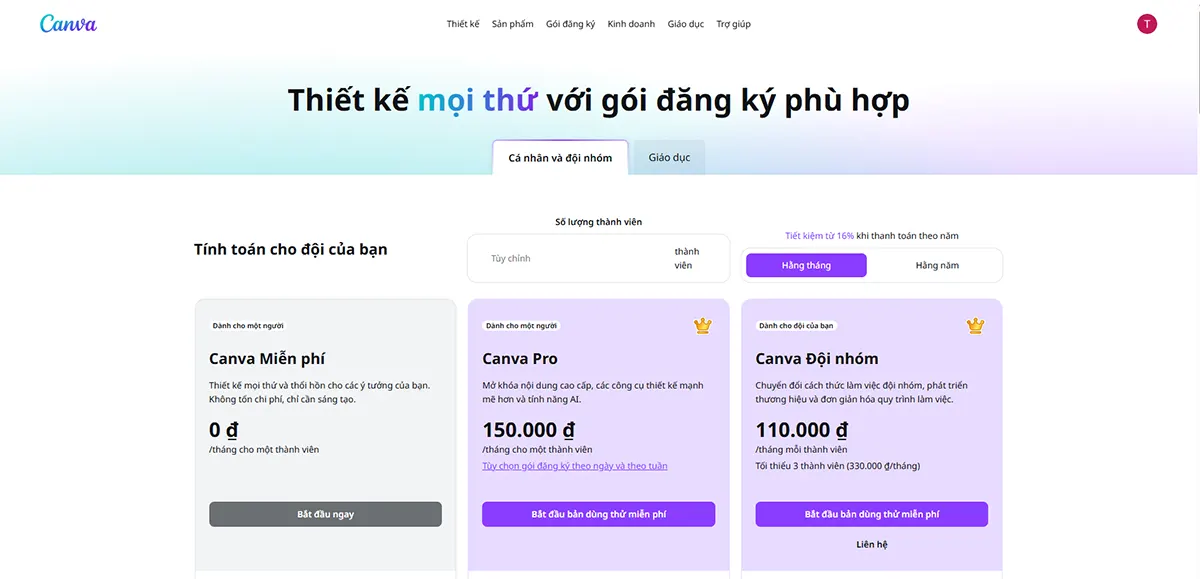 So sánh giá Canva Pro cá nhân và Canva Đội nhóm tại Việt Nam