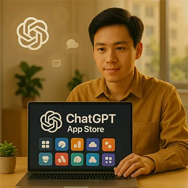 Nhân viên văn phòng người Việt đang sử dụng ChatGPT với giao diện App Store hiện ra trên màn hình laptop