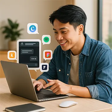 Minh hoạ người dùng Việt đang tương tác với ChatGPT App Store – nơi các ứng dụng như Canva, Spotify, Booking, Figma hoạt động trực tiếp trong cuộc trò chuyện