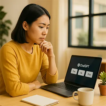Nhân viên văn phòng Việt Nam đang suy nghĩ trước màn hình laptop hiển thị lựa chọn ChatGPT Free, Go và Plus