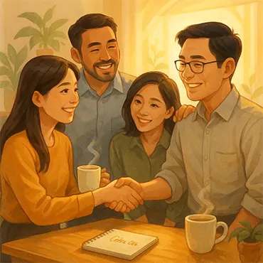 Nhóm đồng nghiệp người Việt trong văn phòng hiện đại, trò chuyện và mỉm cười thân thiện – biểu tượng cho tinh thần Đắc Nhân Tâm nơi công sở