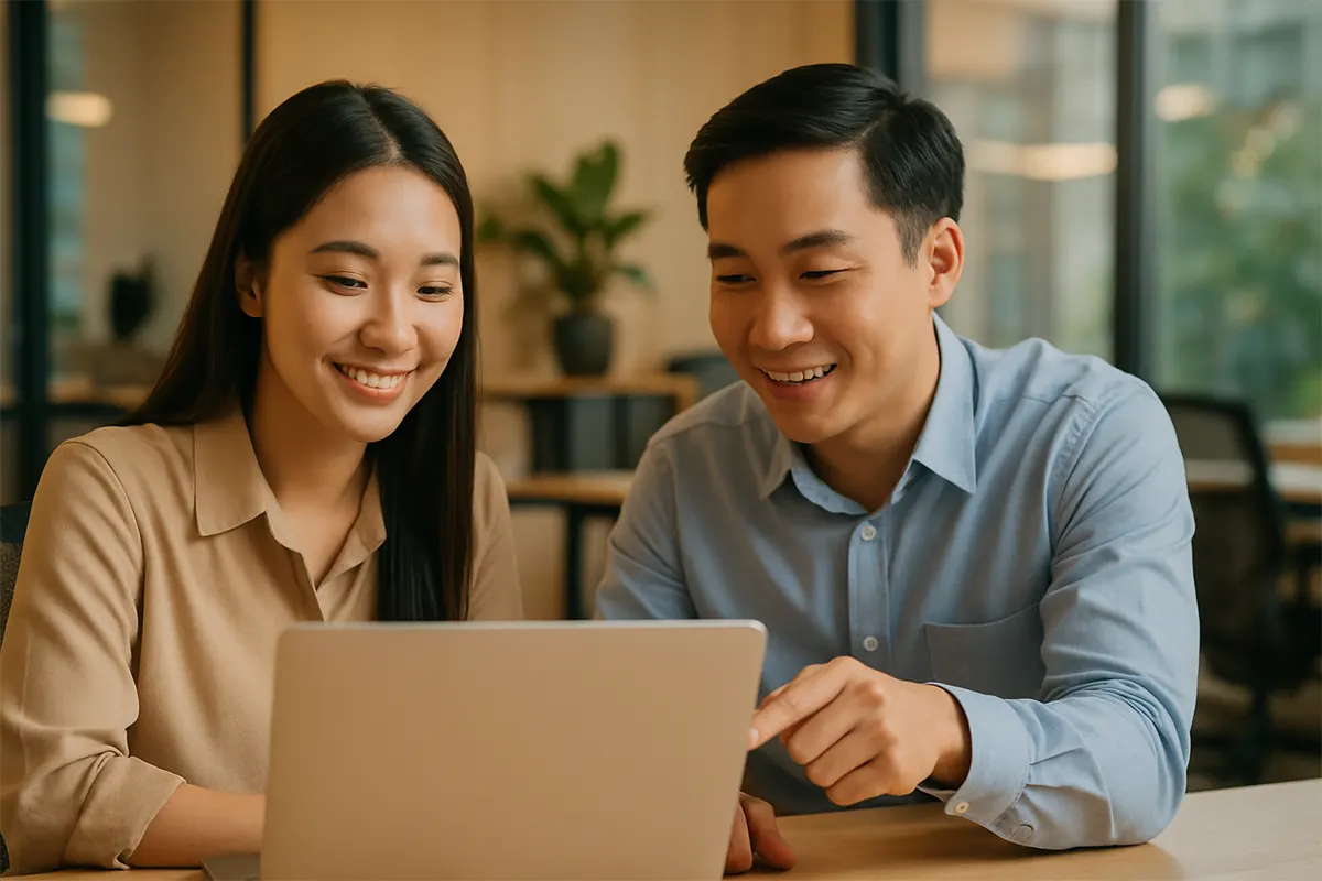 Hai đồng nghiệp Việt ngồi cạnh màn hình laptop, người góp ý mỉm cười chỉ vào chi tiết cần cải thiện, bầu không khí ấm áp