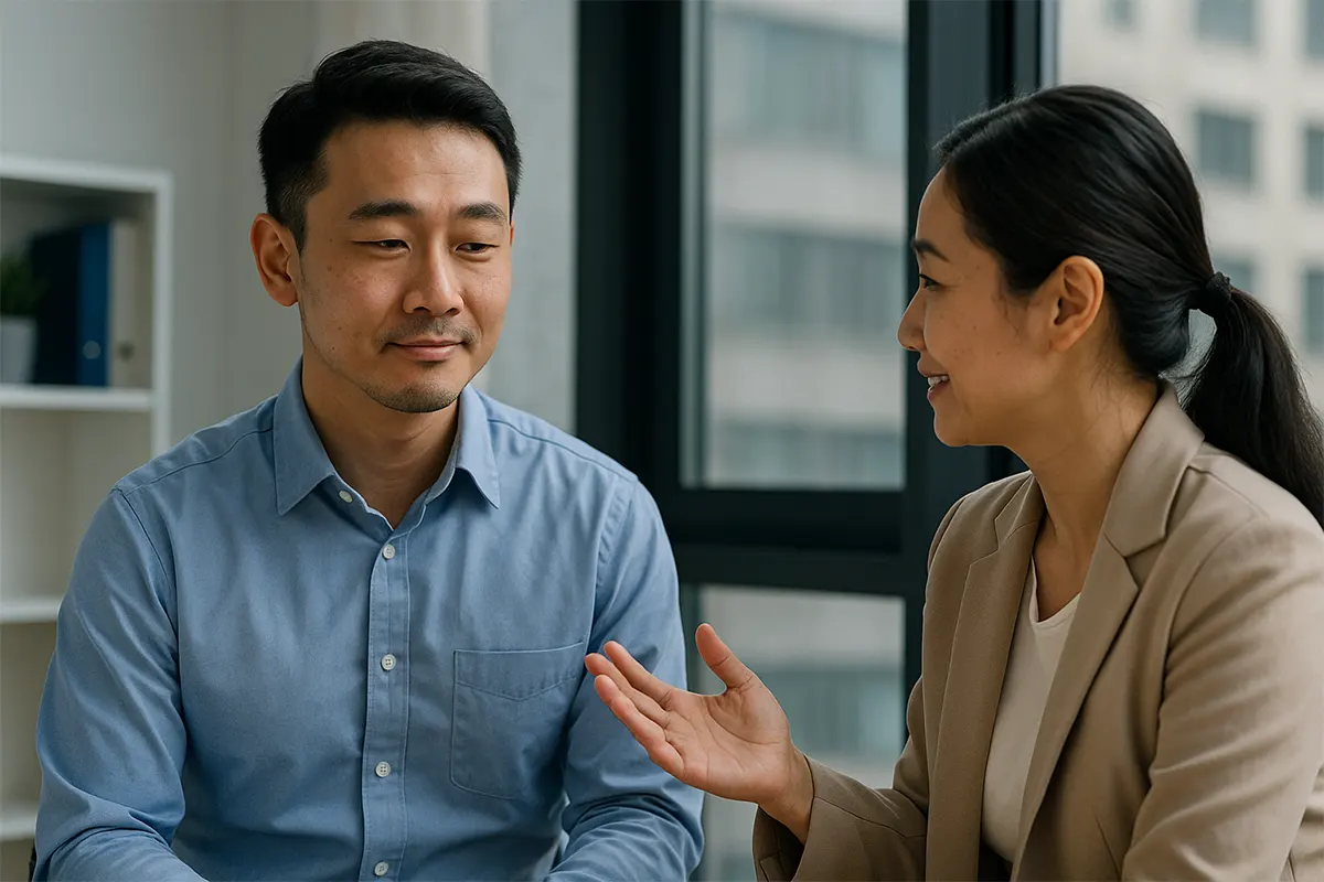 Hai đồng nghiệp Việt trò chuyện riêng tư trong văn phòng, một người nhẹ nhàng góp ý, người kia lắng nghe gật đầu