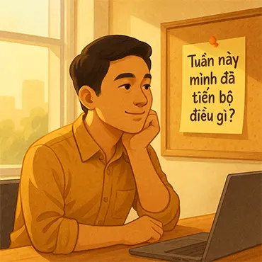 Nhân viên Việt trẻ ngồi bên cửa sổ văn phòng sáng sớm, suy nghĩ về tiến bộ của bản thân trong tuần