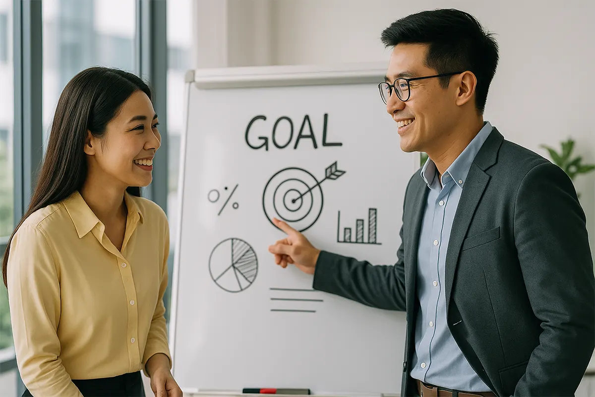 Hai đồng nghiệp Việt mỉm cười chỉ tay vào mục tiêu chung trên bảng trắng