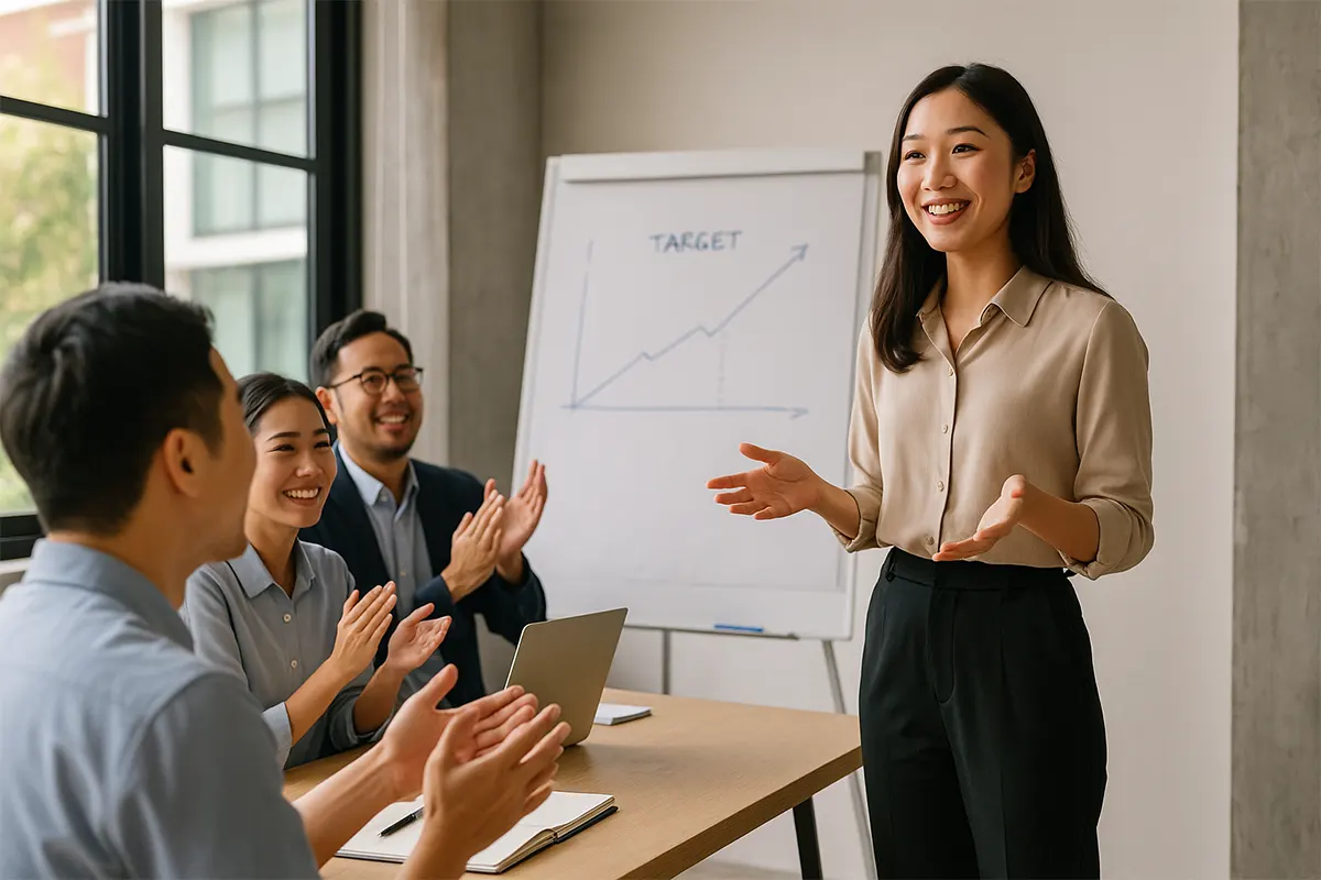 Nhân viên trình bày giải pháp của chính mình trước team, mọi người vỗ tay tán đồng