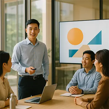 Nhân viên trẻ thuyết trình tự tin trong văn phòng Việt Nam hiện đại, đồng nghiệp lắng nghe và tương tác tích cực