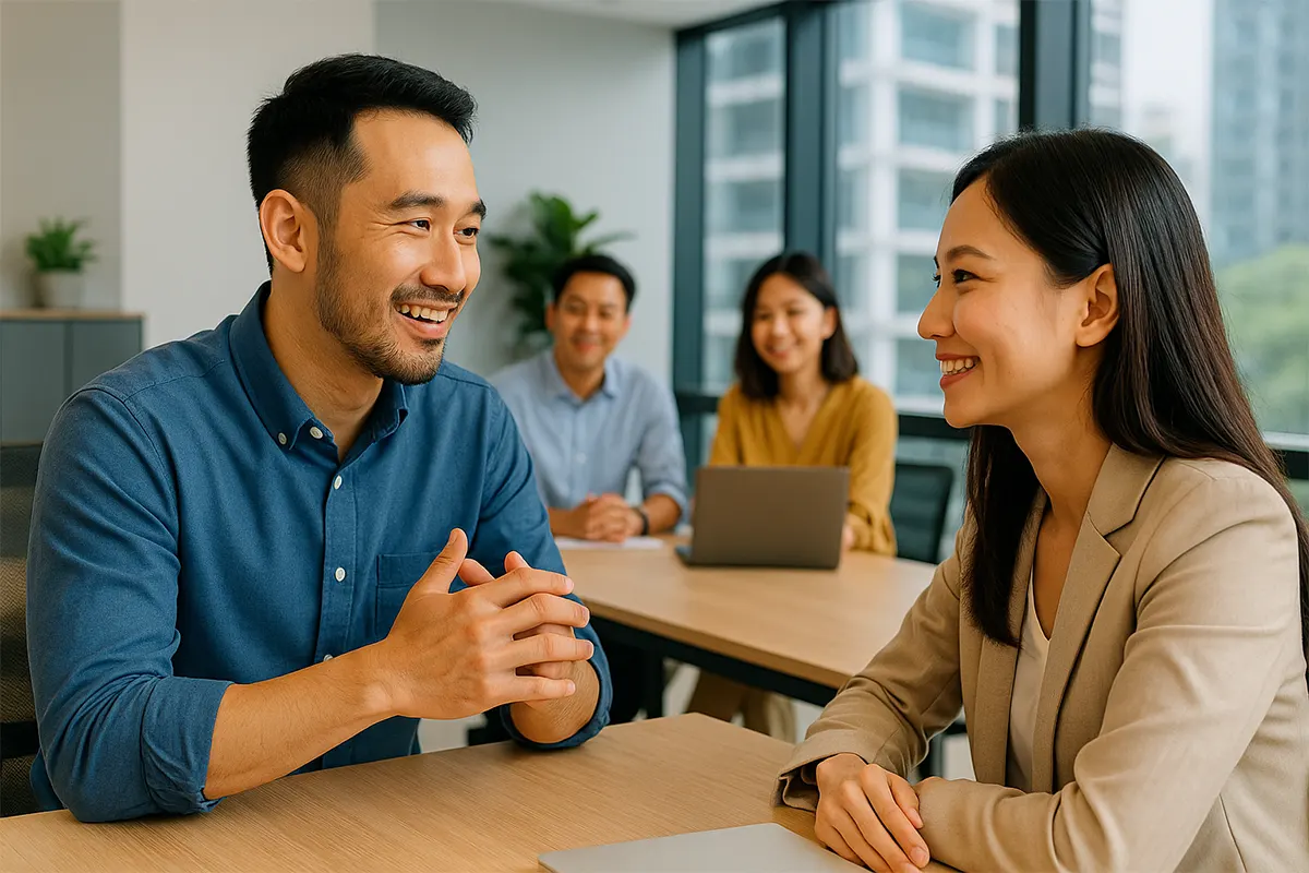 Trưởng nhóm Việt trò chuyện ấm áp, tin cậy đồng đội trong văn phòng hiện đại