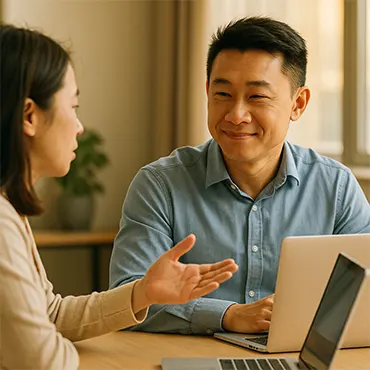 Nhân viên văn phòng Việt Nam bình tĩnh lắng nghe đồng nghiệp trong cuộc họp, thể hiện tinh thần quan sát thay vì chỉ trích