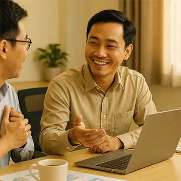 Nhân viên văn phòng Việt Nam mỉm cười khen ngợi đồng nghiệp trong cuộc họp, thể hiện tinh thần Đắc Nhân Tâm – bắt đầu bằng lời khen.