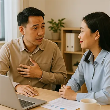 Hai đồng nghiệp người Việt trò chuyện chân thành trong văn phòng, người nói đang nhận lỗi của mình trước để tạo không khí hợp tác.