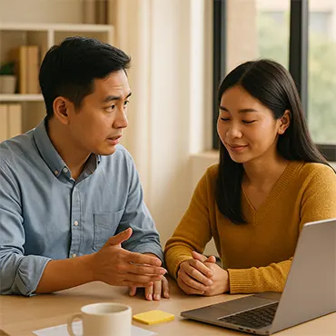 Hai đồng nghiệp người Việt trò chuyện riêng trong văn phòng, thể hiện sự tôn trọng và thấu hiểu khi góp ý.