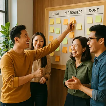 Nhóm đồng nghiệp Việt Nam cười nói vui vẻ quanh bảng Kanban trong văn phòng hiện đại