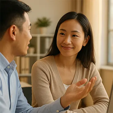 Hai đồng nghiệp Việt Nam trong văn phòng hiện đại, một người lắng nghe và mỉm cười nhẹ khi người kia đang nói, thể hiện sự thấu hiểu và ứng xử khôn ngoan nơi công sở