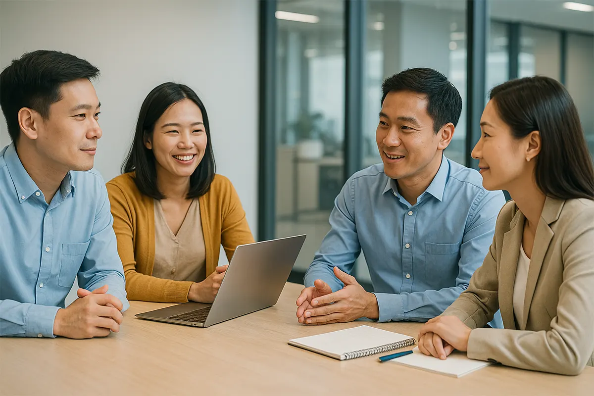 Nhóm đồng nghiệp Việt trao đổi tích cực trong phòng họp hiện đại, thể hiện tinh thần lắng nghe và thấu hiểu trong nghệ thuật thuyết phục khéo léo nơi công sở