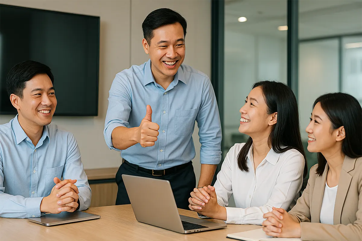 Trưởng nhóm người Việt đang khen ngợi đồng nghiệp trong phòng họp hiện đại, thể hiện kỹ năng lãnh đạo và gây ảnh hưởng tích cực