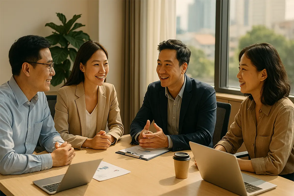Đồng nghiệp Việt thảo luận bình tĩnh, thống nhất giải pháp trong phòng họp hiện đại
