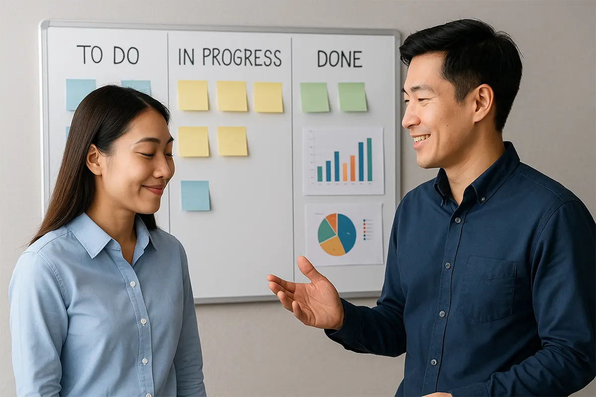Hai đồng nghiệp gật đầu, ghi nhận quan điểm của nhau trước bảng Kanban
