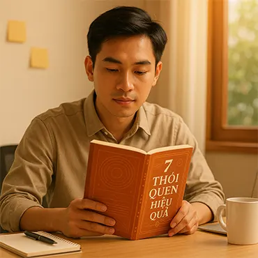 Người trẻ Việt Nam đang đọc sách 7 Thói Quen Hiệu Quả trong văn phòng ấm áp, tập trung vào phát triển bản thân
