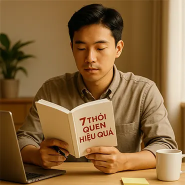 Người trẻ Việt Nam đang đọc sách 7 Thói Quen Hiệu Quả trong văn phòng ấm áp để rèn luyện thói quen hiệu quả mỗi ngày
