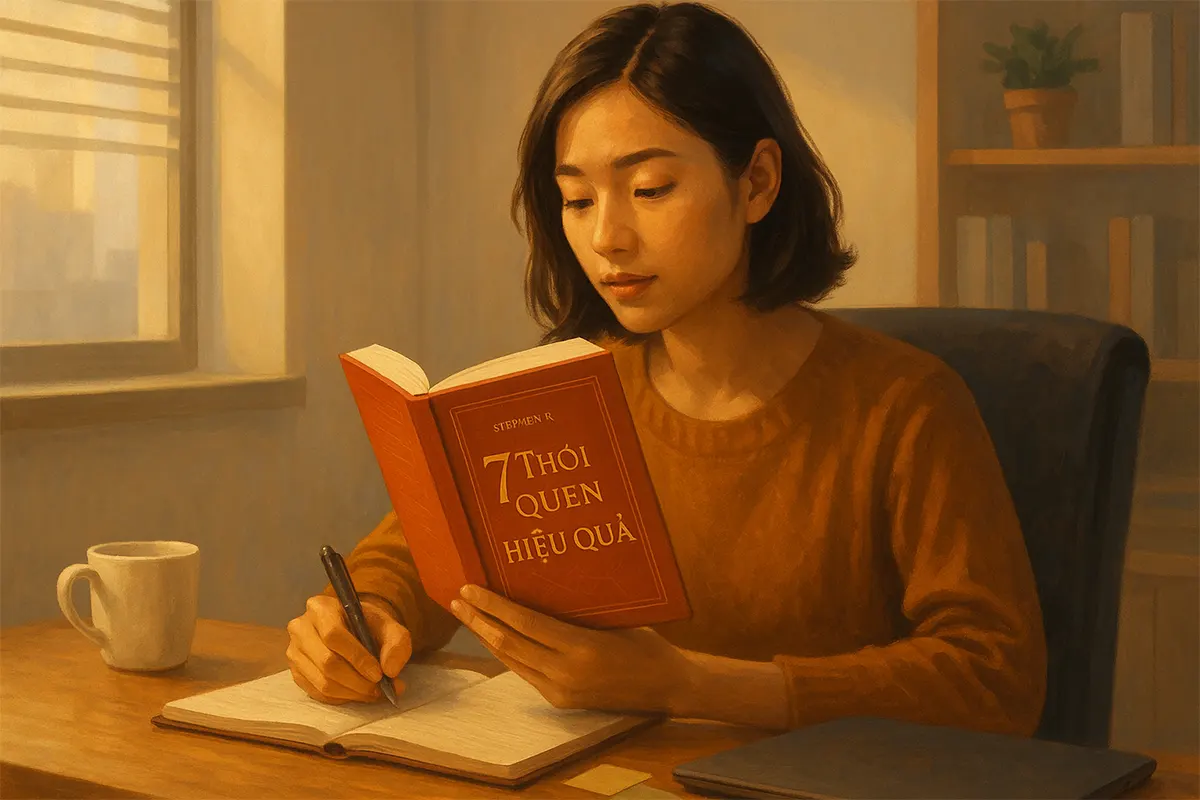 Nội dung chính 7 Thói Quen Hiệu Quả và cách áp dụng vào cuộc sống, hình minh họa theo phong cách semi-real