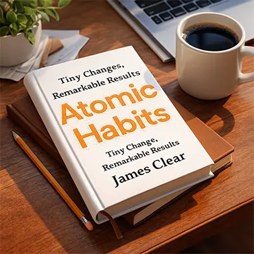 Người trẻ Việt Nam đang đọc sách Atomic Habits với góc bàn tối giản và ánh sáng ấm áp, gợi cảm hứng xây dựng thói quen tốt mỗi ngày