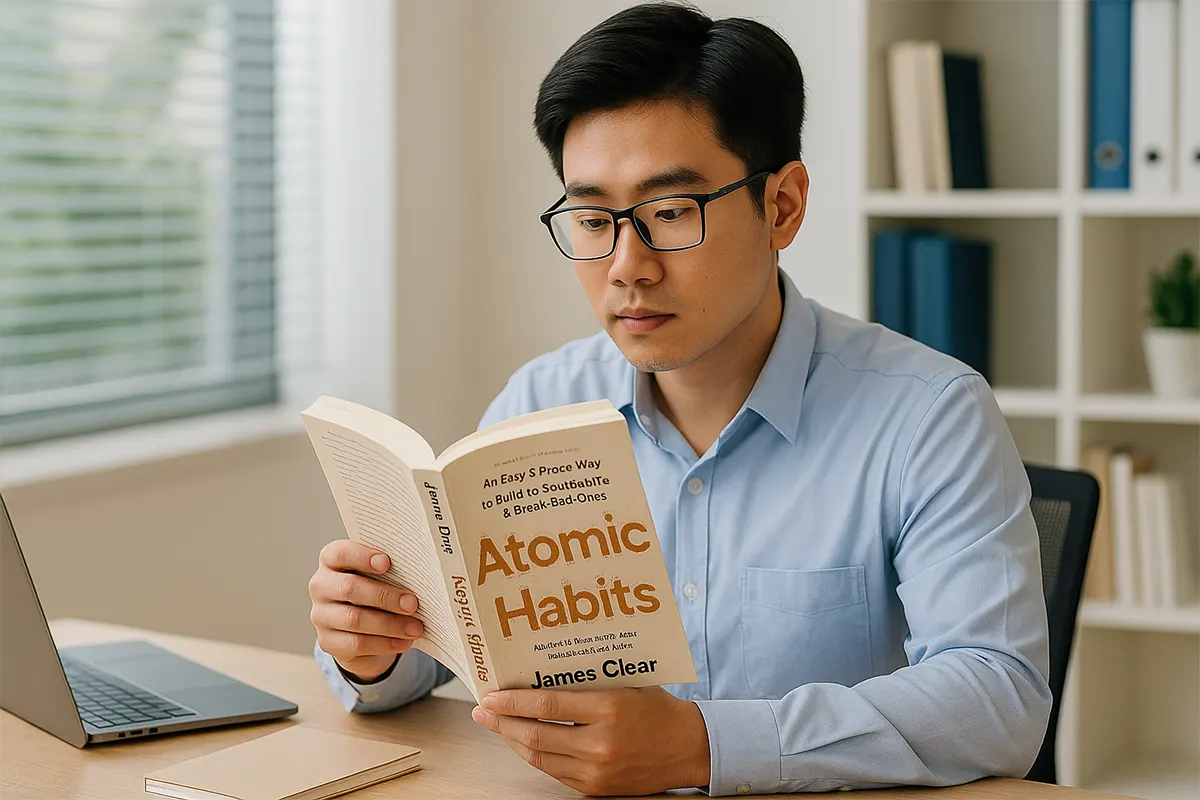 Người trẻ Việt Nam đọc sách Atomic Habits – Thói Quen Nguyên Tử trong không gian làm việc ấm áp, ghi chú về thói quen 1 phần trăm mỗi ngày