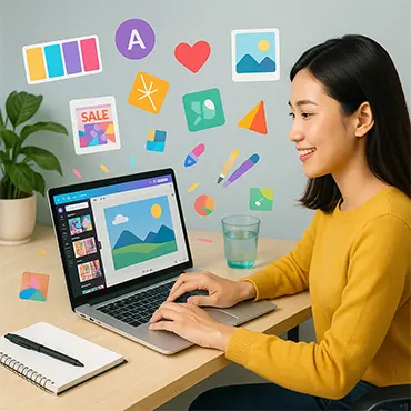 Người Việt trẻ sử dụng Canva trên laptop để thiết kế poster với icon, mẫu và bảng màu xung quanh