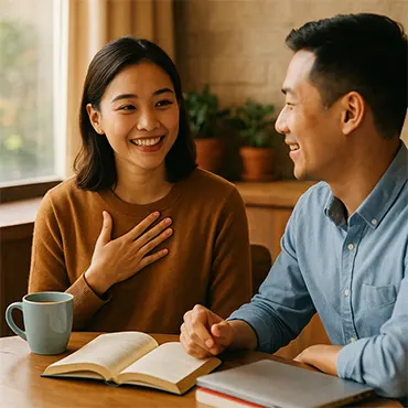 Hai người Việt trò chuyện thân thiện trong quán cà phê, lắng nghe và thấu hiểu theo tinh thần Đắc Nhân Tâm