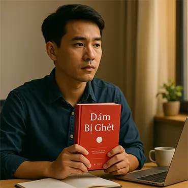 Một bạn trẻ Việt Nam đang ngồi bên cửa sổ văn phòng, suy ngẫm khi nhìn ra ngoài, trước mặt là cuốn sách Dám Bị Ghét màu đỏ và bàn làm việc tối giản.
