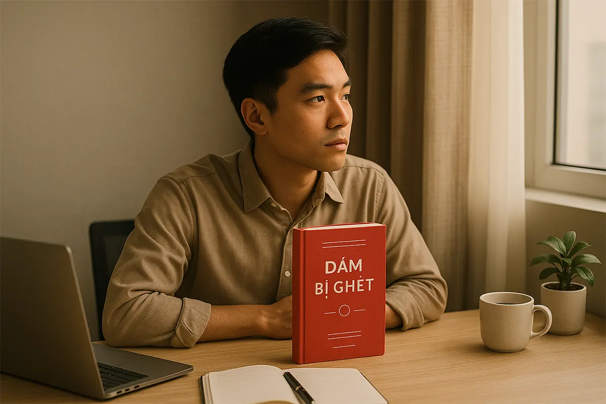 Cuốn sách Dám Bị Ghét đặt trên bàn làm việc của một bạn trẻ Việt Nam đang suy nghĩ về cuộc đời và lựa chọn của mình