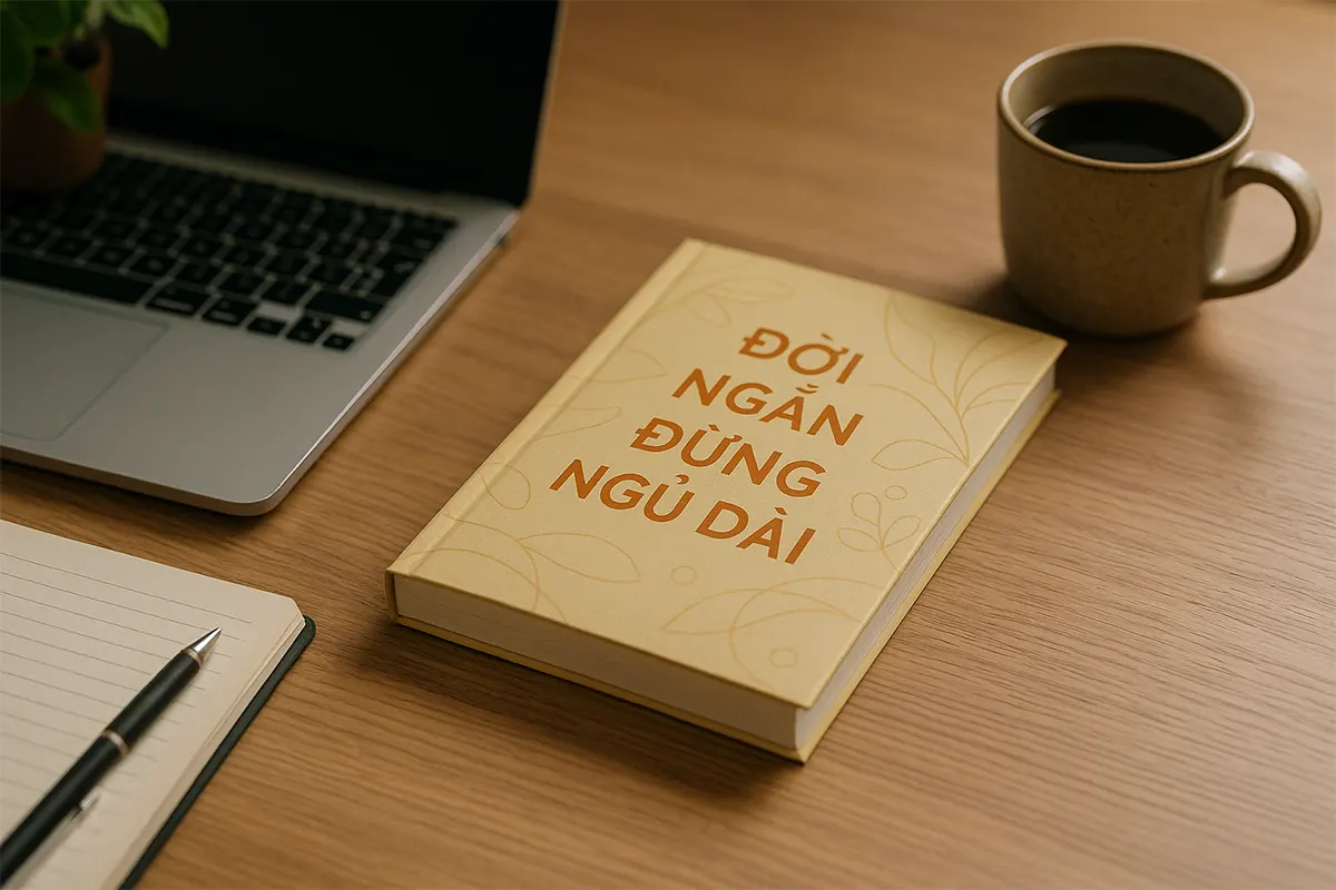 Bìa sách Đời Ngắn Đừng Ngủ Dài đặt trên bàn làm việc của một bạn trẻ Việt Nam, bên cạnh laptop và cuốn sổ ghi chú