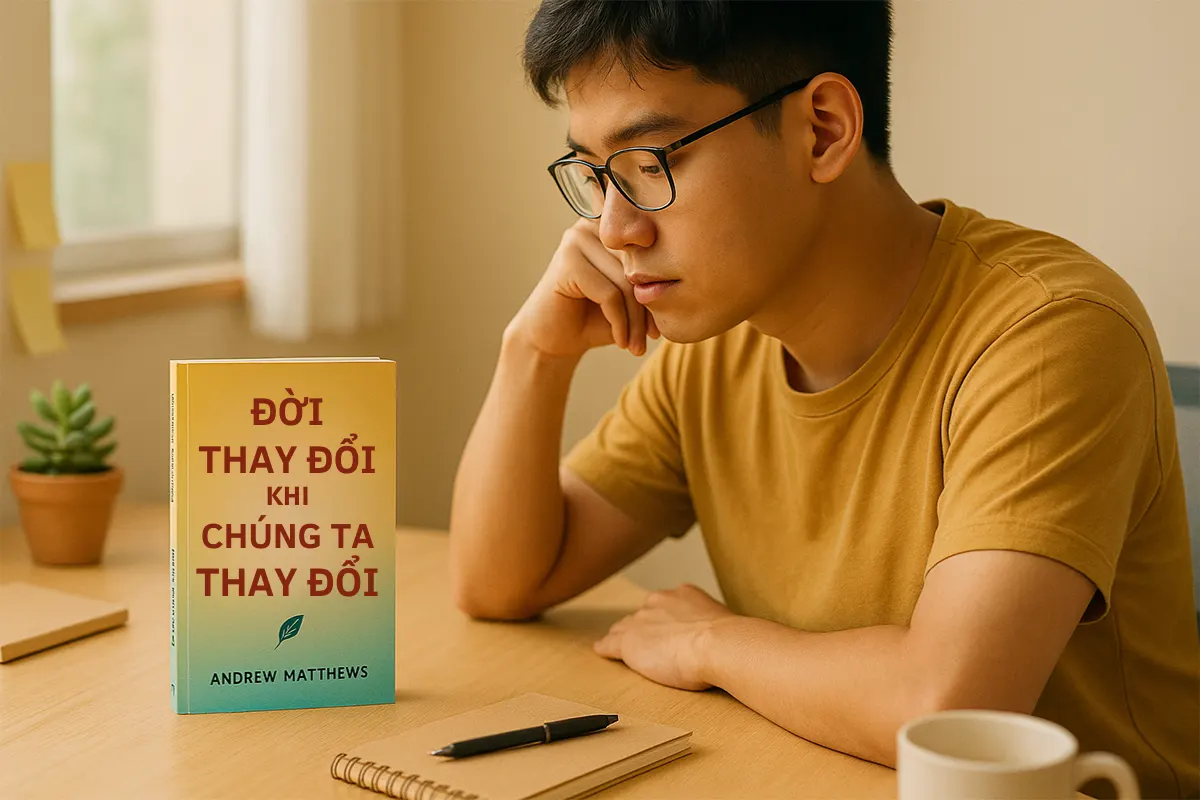 Bìa sách Đời Thay Đổi Khi Chúng Ta Thay Đổi trên bàn làm việc của một bạn trẻ Việt Nam đang suy nghĩ về cuộc đời mình