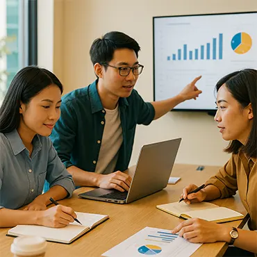 Kỹ năng làm việc nhóm trong công sở: đồng nghiệp trao đổi trước laptop, phối hợp rõ ràng và tích cực