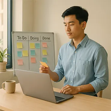 Kỹ năng sắp xếp công việc cho dân văn phòng: quản lý nhiệm vụ bằng Kanban cá nhân và ghi chú trên laptop