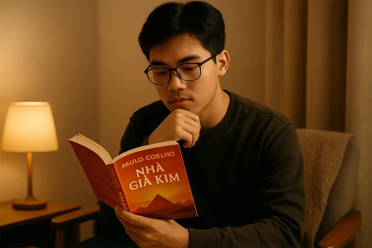 Người trẻ Việt Nam ngồi đọc sách Nhà Giả Kim trong một góc phòng ấm áp, suy nghĩ về hành trình theo đuổi giấc mơ