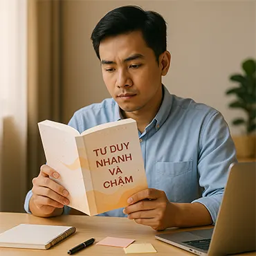 Người trẻ Việt Nam đang đọc sách Tư Duy Nhanh Và Chậm trong văn phòng hiện đại, tập trung suy nghĩ về hai hệ thống tư duy.