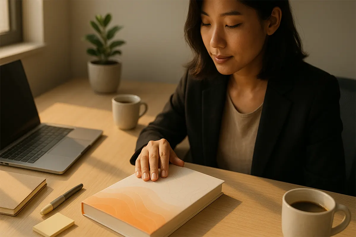 Cuốn sách Tư Duy Nhanh Và Chậm đặt trên bàn làm việc của một bạn trẻ Việt Nam đang suy nghĩ về những quyết định quan trọng trong cuộc đời