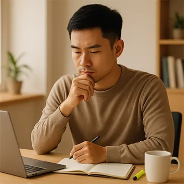 Nhân viên văn phòng người Việt đang suy nghĩ tập trung trước laptop, thể hiện kỹ năng tư duy phản biện và nhìn vấn đề đa chiều.