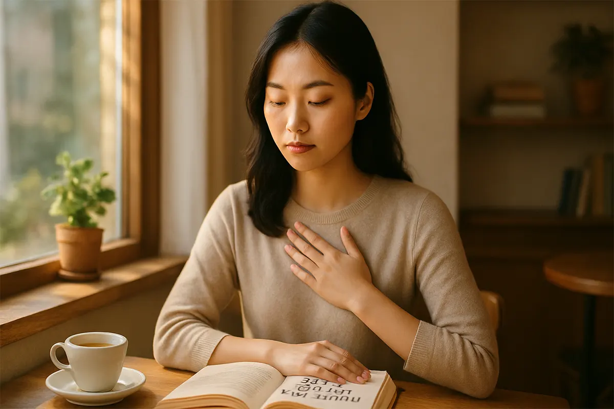 Một bạn trẻ Việt Nam ngồi trong quán cà phê yên tĩnh, đọc cuốn Bạn Đắt Giá Bao Nhiêu và suy nghĩ về giá trị bản thân
