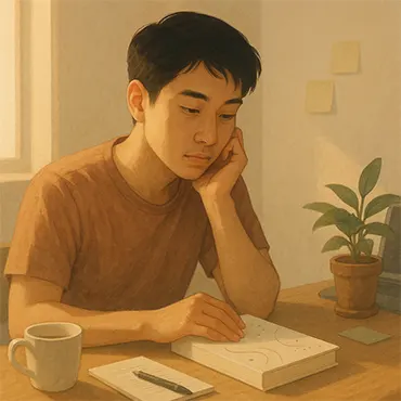 Một bạn trẻ người Việt đang ngồi trước bàn làm việc, lắng lại để suy nghĩ về chính mình bên cạnh cuốn sách lấy cảm hứng từ “Dám Bị Ghét”