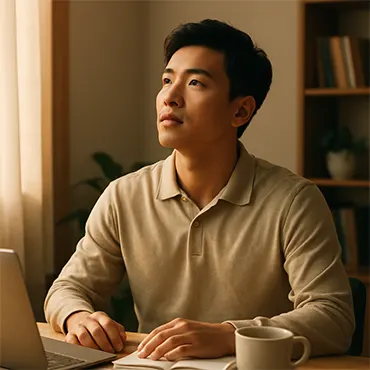 Người trẻ Việt Nam nhìn ra cửa sổ trong khoảnh khắc nhận ra điều quan trọng về bản thân – tinh thần của Đánh Thức Con Người Phi Thường Trong Bạn
