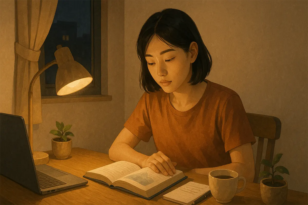 Một bạn trẻ Việt Nam ngồi trước bàn làm việc, lật mở cuốn Đánh Thức Con Người Phi Thường Trong Bạn và suy nghĩ về những lựa chọn sắp tới trong cuộc đời