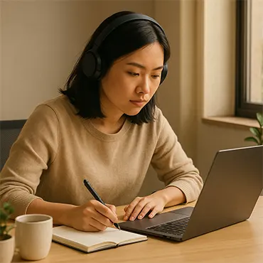 Một bạn trẻ người Việt đang tập trung sâu tại bàn làm việc, đeo tai nghe và ghi chép bên cạnh laptop – tinh thần của Deep Work trong môi trường công sở hiện đại.